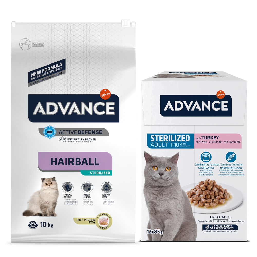 10 kg Advance + 12 x 85 g passendes Nassfutter gratis! - Sterilized Hairball + Feline Sterilized Truthahn von Affinity Advance