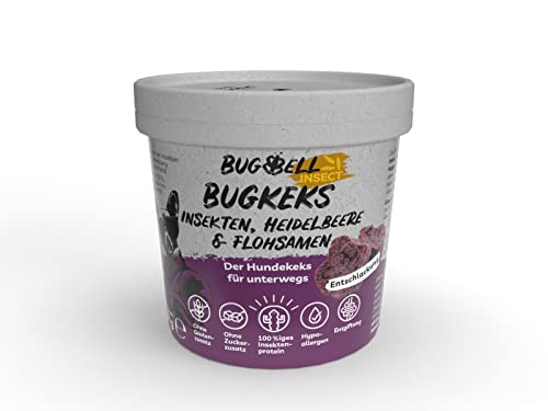 BugBell 8x150g Hundekeks, gesundes Leckerli mit Funktion, ohne Getreide, ohne Zucker, hypoallergen, Heidelbeere & Flohsamen & Probiotika zur Entschlackung & Entgiftung, purinarmes Insektenprotein von BugBell