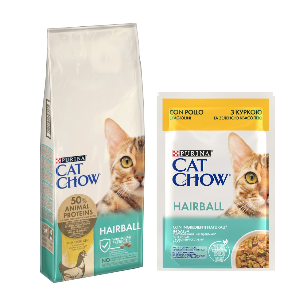 10 kg / 15 kg PURINA Cat Chow + 26 x 85 g passendes Nassfutter gratis! - 15 kg Adult Special Care Hairball Control + Hairball Huhn & grüne Bohnen von Cat Chow