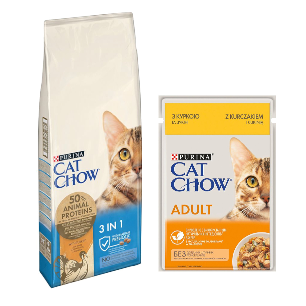 10 kg / 15 kg PURINA Cat Chow + 26 x 85 g passendes Nassfutter gratis! - 15 kg Special Care 3in1 mit Truthahn + Huhn von Cat Chow