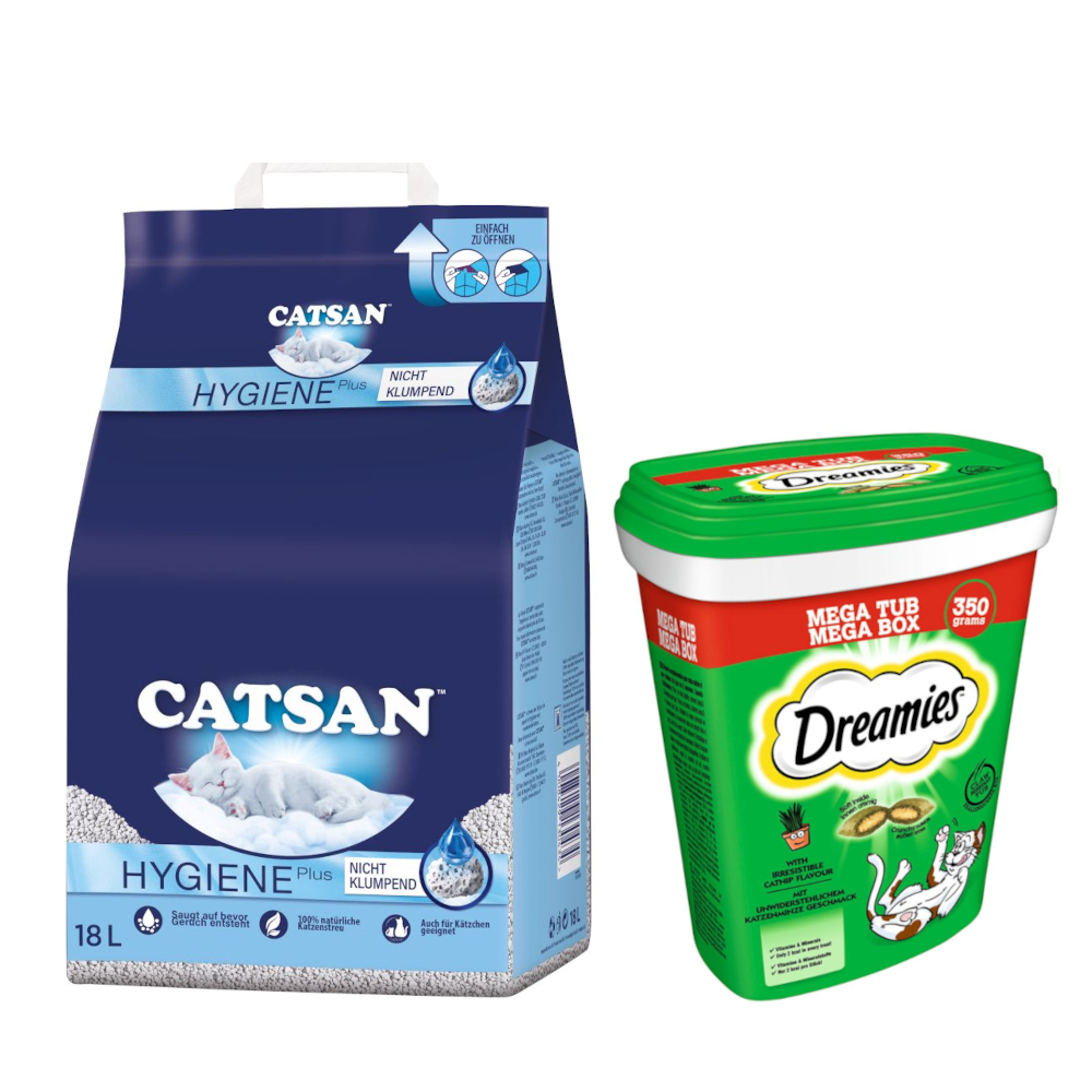 18 l Catsan Katzenstreu + 2 x 350 g Dreamies Snacks zum Sonderpreis! - Hygiene plus Katzenstreu + Katzensnacks mit Katzenminze von Catsan