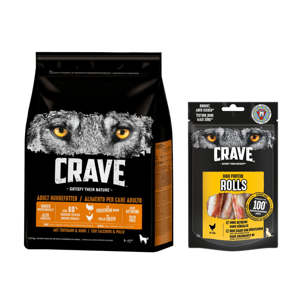 2,8 kg Crave Trockenfutter + 8 x 50 g High Protein Rolls zum Sonderpreis! - Adult mit Truthahn & Huhn + Huhn von Crave