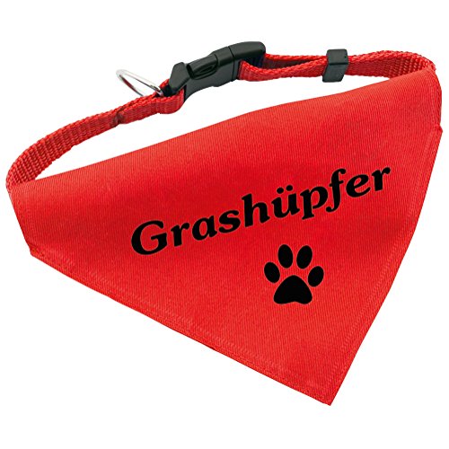 Hunde-Halsband mit Dreiecks-Tuch GRASHÜPFER, längenverstellbar von 32 - 55 cm, aus Polyester, in rot von Geschenke mit Namen