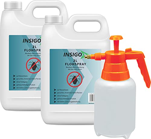 INSIGO Anti-Floh-Spray 2x2 Liter + 2 Liter Sprüher | Hochwirksame Flohbekämpfung | Mittel gegen Flöhe auf Wasserbasis | Floh-Abwehr gegen Larven & Eier | Fleckenfreies Floh-Mittel mit Langzeitwirkung von INSIGO