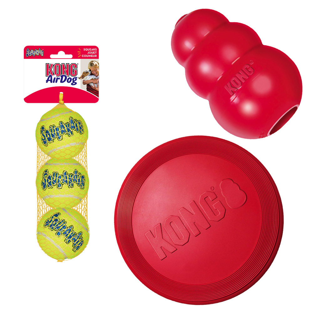 KONG Sparset: Frisbee, KONG Classic, Tennisbälle - Medium (Frisbee, Classic M, Tennisbälle M 3er Pack) von Kong