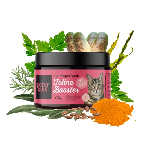 Feline Booster®, Nahrungsergänzungsmittel für Erwachsene Katzen mit Grünlippmuschel, Kurkuma und Probiotika – verbessert die Gelenkbeweglichkeit, die Verdauung, die Gesundheit von Haut und Fell von Petsy Labs