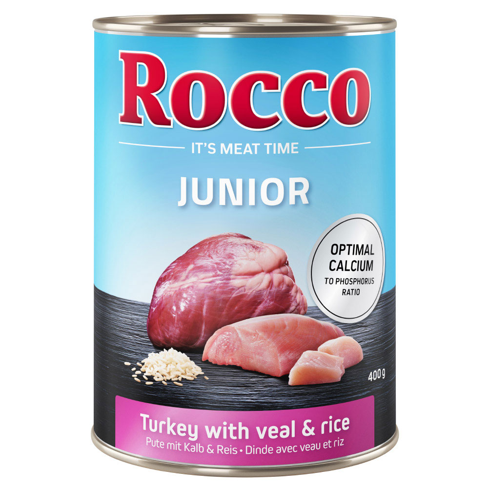 Sparpaket Rocco Junior 12 x 400 g - Mix: Pute mit Kalbsherzen, Geflügel mit Hühnerherzen von Rocco