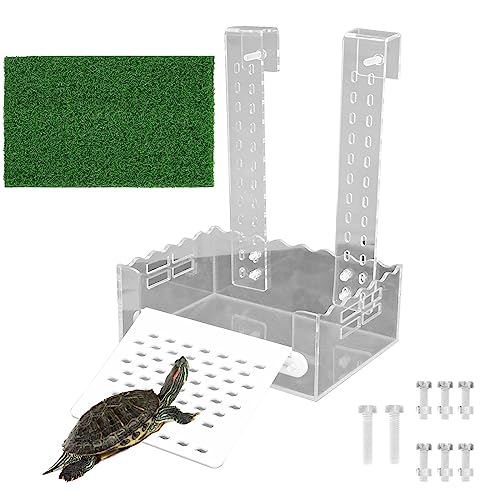 VIKKSAER Schildkröten-Abdeckplattform mit simuliertem Rasen, transparente Aquatisch-Reptilien-Schildkröten-Aquarium-Dock, hängende Rampe, Kletterregal (groß – 20,3 x 14,5 cm) von VIKKSAER