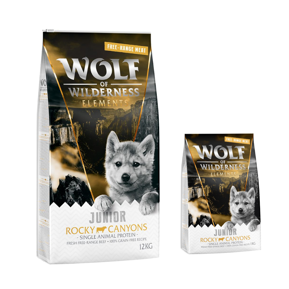12 + 2 kg gratis! 14 kg Wolf of Wilderness Trockenfutter - JUNIOR "Rocky Canyons" - Freilandrind (Monoprotein) von Wolf of Wilderness