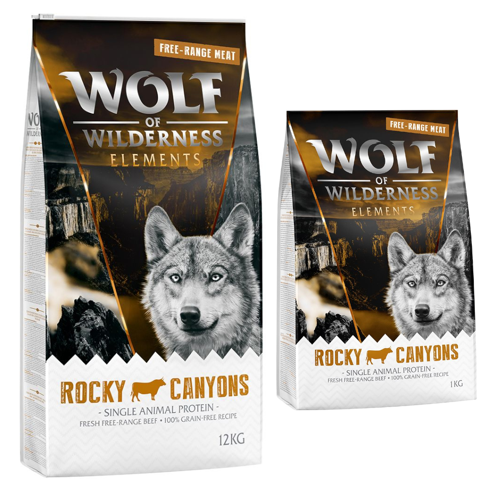 12 + 2 kg gratis! 14 kg Wolf of Wilderness Trockenfutter - Rocky Canyons - Freilandrind (Monoprotein) von Wolf of Wilderness