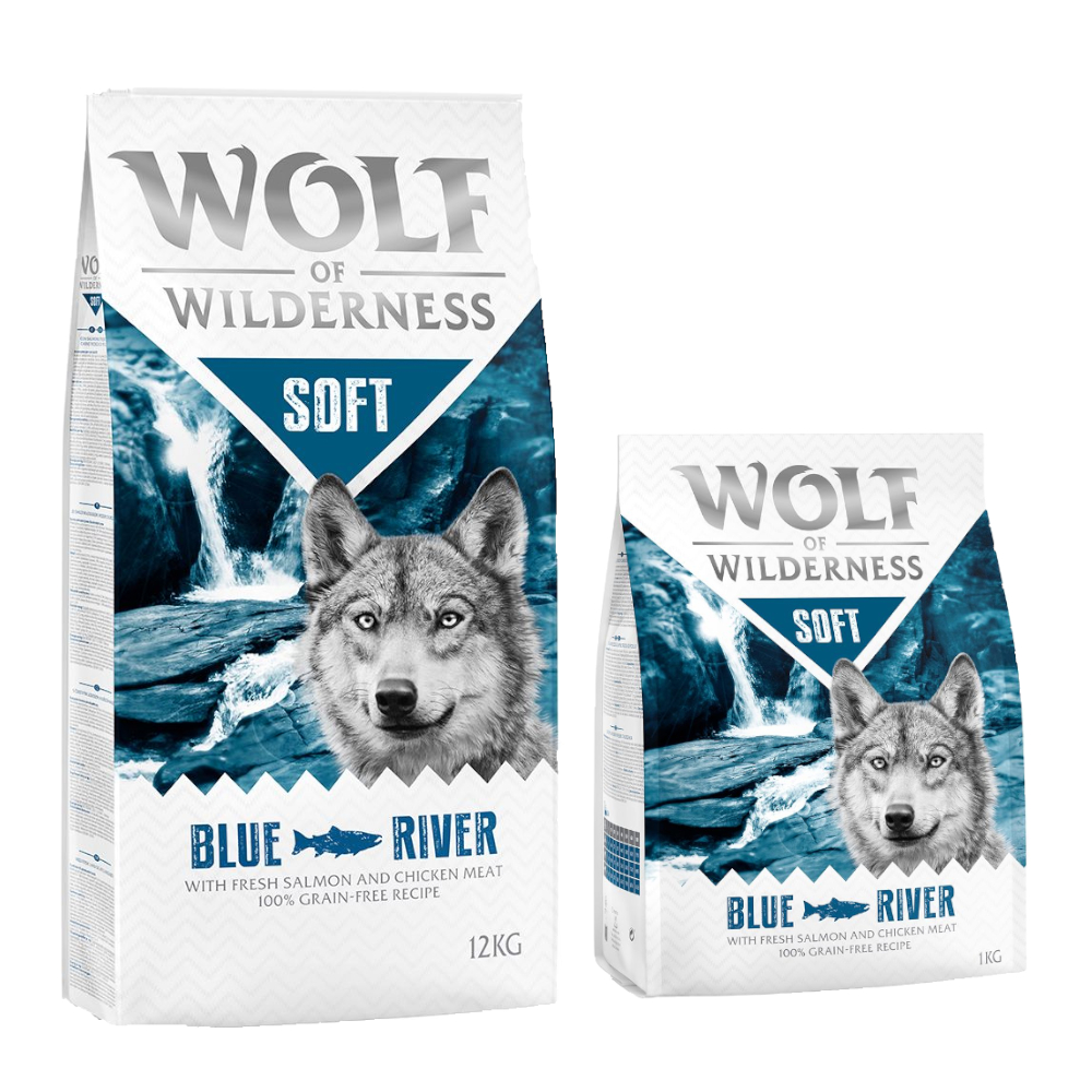 12 + 2 kg gratis! 14 kg Wolf of Wilderness Trockenfutter -  'Soft' Blue River - Lachs (halbfeucht) von Wolf of Wilderness