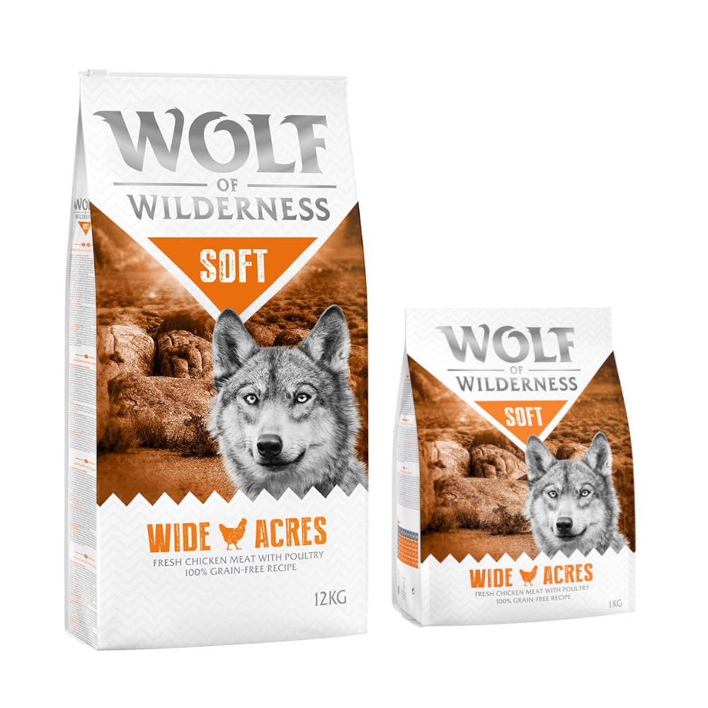 12 + 2 kg gratis! 14 kg Wolf of Wilderness Trockenfutter -  'Soft' Wide Acres - Huhn (halbfeucht) von Wolf of Wilderness