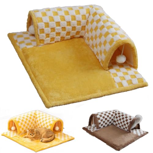 2-in-1 Funny Plush Plaid Checkered Cat Tunnel Bed,2-in-1 Funny Plush Plaid Cat Tunnel Cat Bed,Cat Tunnel Cat Bed for All Seasons,Cat Tunnels for Indoor Cats (Yellow,S) von adnoon