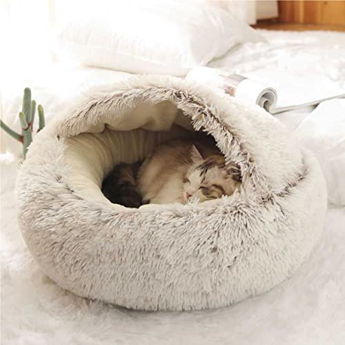 Flauschiges Katzenbett Runder Haustierbett,Höhlen-Katzenbett mit Kapuze rutschfest warm Katzenbett für Katzen und Welpen 50cm, Braun von 通用