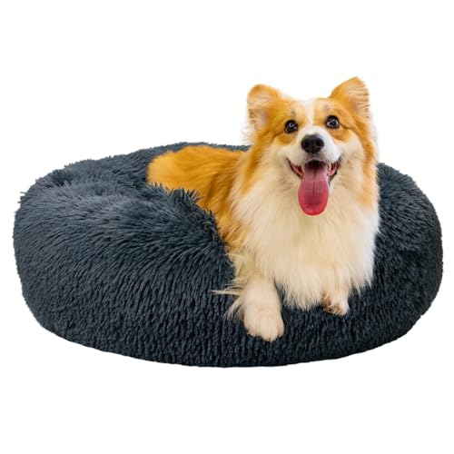 Baguuaray Haustierbett Katzenbett 50cm Haustierbett Flauschig Plüsch Hundebett Rund Weiches Flauschiges rutschfest Katzenkissen Waschbar Haustierbett (M~Dunkelgrau) von Baguuaray