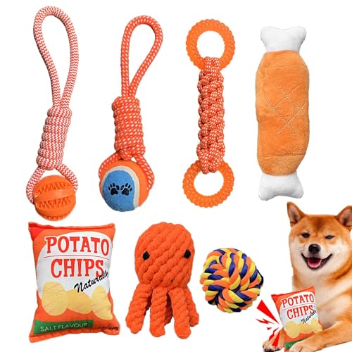 Kauspielzeug für Welpen, Hundespielzeug-Set, Welpen-Kauspielzeug, robustes Seil, interaktives Welpenspielzeug, quietschendes multifunktionales buntes Haustier-Hundeknochenspielzeug für Hunde von ノーブランド品