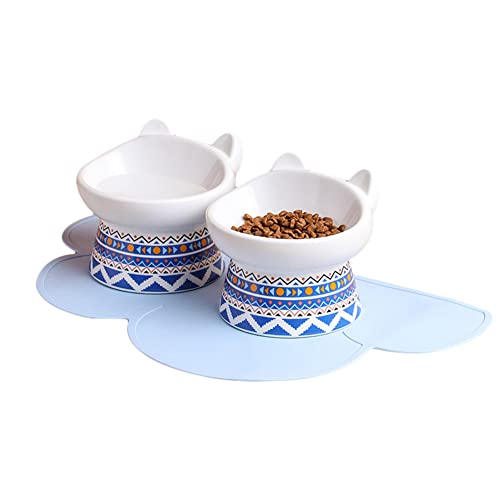 Koomiao Futternapf Katze Set Katzennapf aus Keramik 15 ° Geneigte Erhöhter Futternapf Katze, Katzenschalen für Katze Welpe Futter und Wass (2 Blau + Matte) von 通用