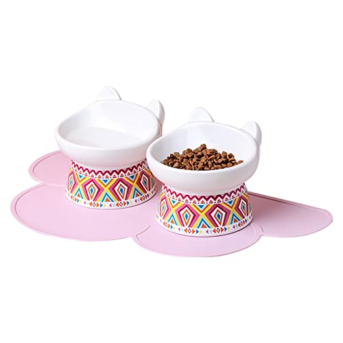 Koomiao Futternapf Katze Set Katzennapf aus Keramik 15 ° Geneigte Erhöhter Futternapf Katze, Katzenschalen für Katze Welpe Futter und Wass (2 Rot + Matte) von 通用