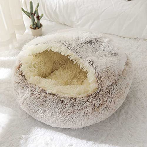 LIEMUAO Flauschiges Katzenbett Runder Haustierbett,Höhlen-Katzenbett mit Kapuze rutschfest warm Katzenbett für Katzen und Welpen (50cm, Braun-1) von 通用