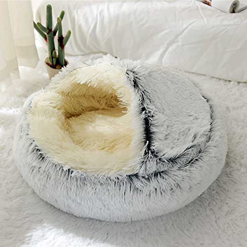 LIEMUAO Flauschiges Katzenbett Runder Haustierbett,Höhlen-Katzenbett mit Kapuze rutschfest warm Katzenbett für Katzen und Welpen (50cm, Grau-1) von 通用