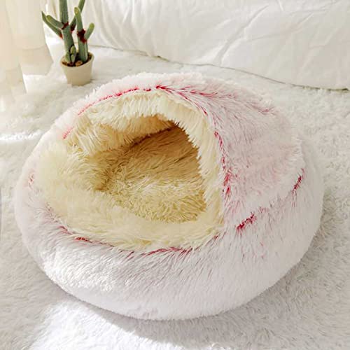 LIEMUAO Flauschiges Katzenbett Runder Haustierbett,Höhlen-Katzenbett mit Kapuze rutschfest warm Katzenbett für Katzen und Welpen (50cm, Rosa-1) von 通用