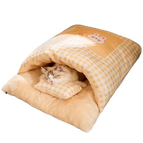 Schlafsack für Katzen Winter Warmer Schlafsack für Katzen Haustier Schlafsack für Katzen Indoor Outdoor Katzen mit Kissen Plaid Katzenbett Bequem Haustier Kuschelsack mit Kapuze Winter von ノーブランド品