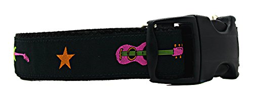 3 Dirty Dawgz Hundehalsband, verstellbar, 2,5 cm, coole Rockstar-Musikgitarren, für mittelgroße und große Hunde (2,5 cm (43,2 - 68,6 cm Halsumfang), Schwarz und Rosa von 3 Dirty Dawgz