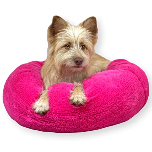 4L Textil Fuzzy Katzenbett flauschig Donut Hundebett kleine Hunde Katzenbett kuschelig weich Plüsch Katzenkörbchen Katzen Kuschelbett (Ø 70 cm, Knallpink) von 4L Textil