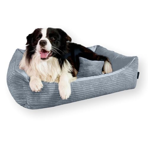 4L Textil Molly Kuscheliges Hundebett Bezug abnehmbar und waschbar Hundekorb mittelgroße Hunde Cord Hundekissen flauschig Hundekörbchen Cord Hundesofa(80x60 cm, Grau) von 4L Textil