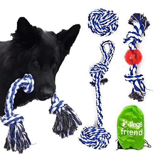 4LegsFriend Hundespielzeug Set 4 Stück, Seil Kauspielzeug, Zerrspielzeug, Wurfspielzeug für Mittlere bis Sehr Große Hunde, Robustes Baumwoll Hund Spielzeug Kauen & Beißen, Hunde Zubehör, Waschbar von 4LegsFriend