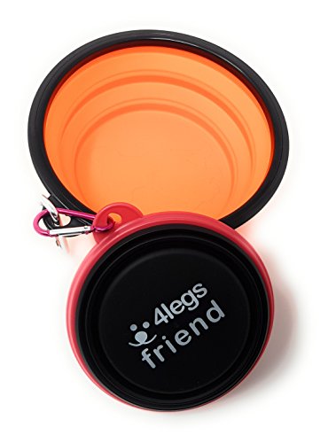 4LegsFriend Set mit 2 kleinen und großen faltbaren Futternäpfen mit Karabiner-Clip, BPA-freies, lebensmittelechtes Silikon, 2 Stück, erweiterbare Reisenäpfe für Hunde und Katzen, leuchtend orange, von 4LegsFriend