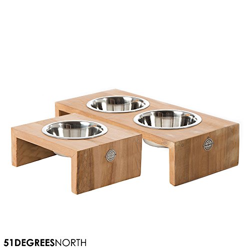 Einzelnapf hoch,Futterstation, hoher Einzelnapf Recycelt Teak Holz High Single von 51 Degrees North, Hundebar, Hundenapf, Einzelnapf L 1x600ml, geeignet für mittelgroße und große Hunde von 51 Degrees North