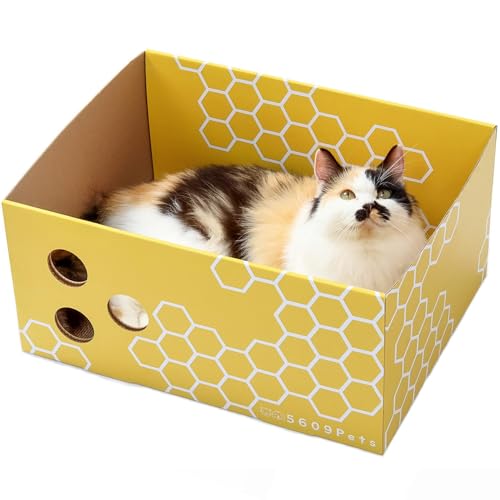 5609PETS Extra große Kratzbox aus Karton mit Katzenminze (43,4 x 33 x 21 cm), lustige und niedliche Kratzlounge für Tierliebhaber, stabiles Katzenbett aus Karton, Premium-Qualität, Spielen, Verstecken von 5609PETS