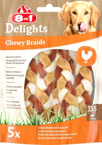 8in1 Delights Chewy Braids XS/S - leckerer Kausnack für kleine Hunde, bissfeste Rinderhaut mit köstlichem Huhn, 75g Beutel (5 Stück) von 8in1