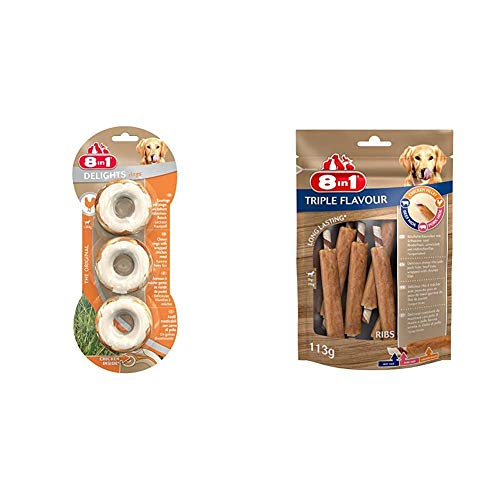 8in1 Delights Chicken, gesunder Kauksnack für Hunde, hochwertiges Hähnchenfleisch eingewickelt in Rinderhaut & Triple Flavour Ribs Kausnack 6 Stück umwickelt mit Hähnchenfilet, 1-er Pack (113 g) von 8in1