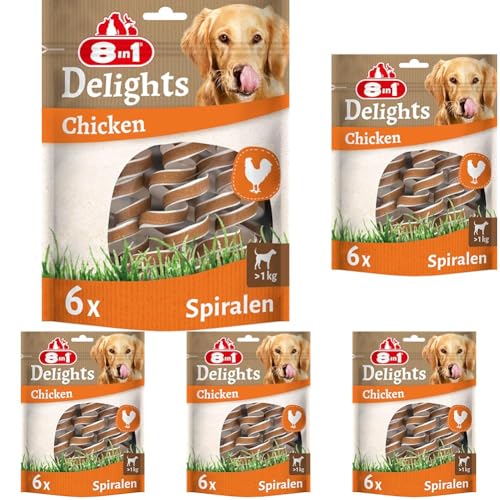 8in1 Delights Chicken Kau-Spiralen - gesunder Kausnack für Hunde, hochwertiges Hähnchenfleisch eingewickelt in Rinderhaut, 6 Stück (Packung mit 5) von 8in1