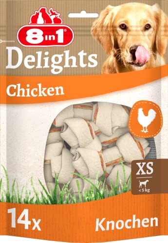 8in1 Delights Chicken Knochen XS - gesunde Kauknochen für mini Hunde, hochwertiges Hähnchenfleisch eingewickelt in Rinderhaut, 14 Stück von 8in1