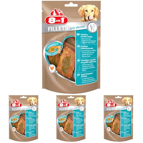 8in1 Fillets Pro Dental Hunde-Snack mit Hähnchen, funktionale Leckerlis für Hunde, unterstützt einen frischen Atem, 80 g Beutel (Packung mit 4) von 8in1