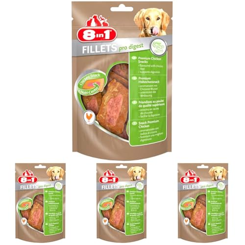 8in1 Fillets Pro Digest Hunde-Snack mit Hähnchen, funktionale Leckerlis für Hunde, unterstützt die Verdauung, 80 g Beutel (Packung mit 4) von 8in1