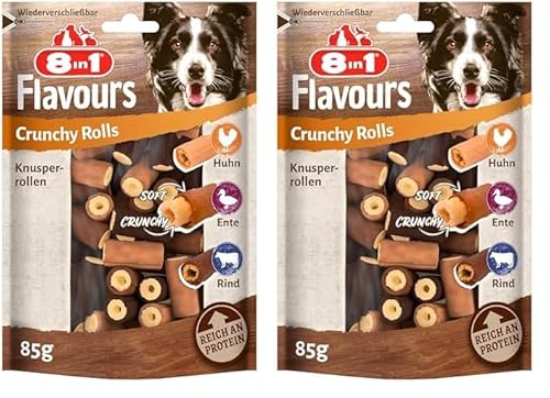 8in1 Flavours Crunchy Rolls Hunde-Snacks - knusprige Leckerlis für Hunde mit Hähnchenbrust, Entenbrust oder Rindfleisch, 85 g Beutel (Packung mit 2) von 8in1