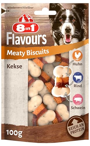 8in1 Flavours Meaty Biscuits Hunde-Kekse - köstliche Hunde-Leckerlis mit drei Geschmacksnoten in einem Snack, 100 g Beutel von 8in1