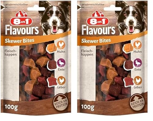 8in1 Flavours Skewer Bites Fleisch-Snacks - proteinreiche Hunde-Leckerlis mit Hähnchebrust, Entenbrust oder Hühnerleber, 100 g Beutel (Packung mit 2) von 8in1