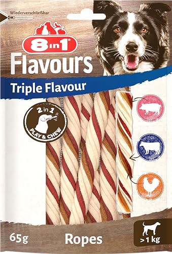 8in1 Triple Flavour Ropes Kaustangen für Hunde - Kausnacks zum Spielen und Kauen mit Rindfleisch, Schweinefleisch und Hähnchenfleisch, 65 g Beutel (ca. 6 Stück) von 8in1