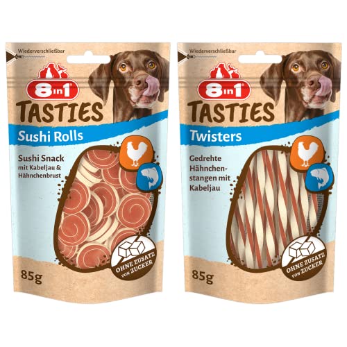 8in1 Tasties Hunde-Snacks - glutenfreie Leckerlis mit Kabeljau & Hähnchenbrust, 2er Pack mit Sushi Rolls & Twisters (2 x 85g) von 8in1