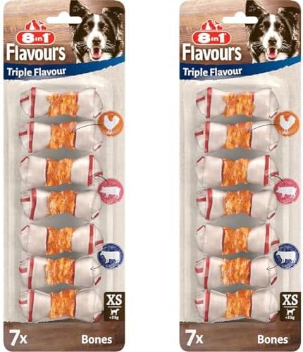 8in1 Triple Flavour Knochen XS - leckere Hundeknochen mit Hähnchenfilet, Schweine- und Rinderhaut, 7 Stück (Packung mit 2) von 8in1