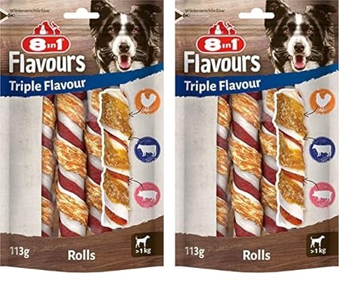 8in1 Triple Flavour Rolls Kaustangen für Hunde - Kausnacks mit extra viel Fleisch, 113g Beutel (3 Stück) (Packung mit 2) von 8in1