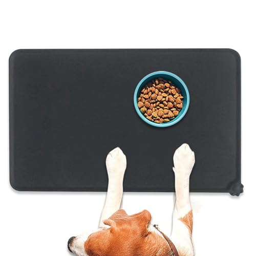 Napfunterlage Hund Katzen, Futtermatte Katzen zur Vermeidung von Verschüttungen und rutschfeste,BPA-Freie Silikonmatte mit Rand Gummi-Hundenapf Unterlage für Futter- und Wassernäpfe (Black, 48x30cm) von 95sCloud-1