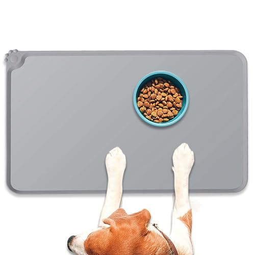 Napfunterlage Hund Katzen, Futtermatte Katzen zur Vermeidung von Verschüttungen und rutschfeste,BPA-Freie Silikonmatte mit Rand Gummi-Hundenapf Unterlage für Futter- und Wassernäpfe (Grey, 48x30cm) von 95sCloud-1