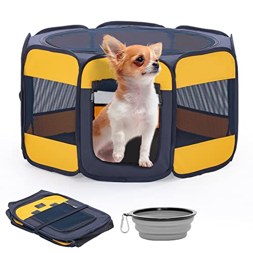 A 4 Pet Welpenauslauf Pop-Up Design, Welpenlaufstall faltbar für Hunde Katzen mit Reisverschluss Oben, für Wohnung, Outdoor, mit Klappbarem Napf,Gelbe,S von A 4 Pet