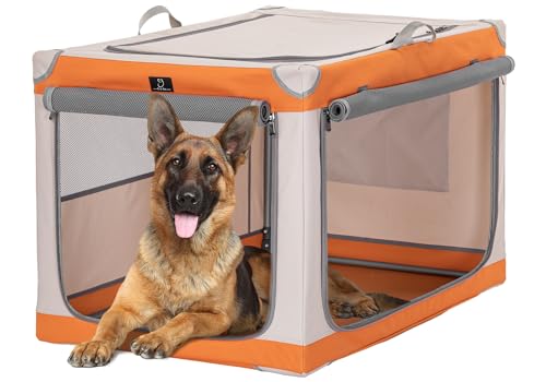 A 4 Pet Hundebox faltbar große Hunde Auto Transportbox Hund Soft tragebar Hundebox für zuhause, leicht zu verstauen mit montiertem Aluminium Rahmen, einstellbare Kompatibilität (XL, Orange+Beige) von A 4 Pet